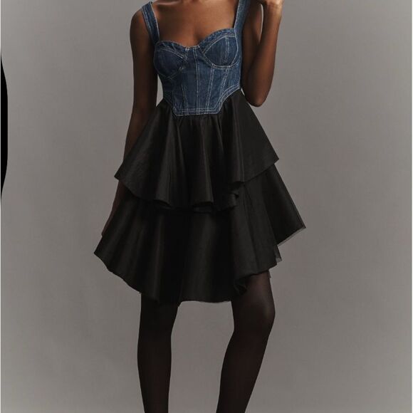 NEW Anthropologie‎ Pilcro sleeveless denim bodice tiered mini dress size large - Picture 1 of 16